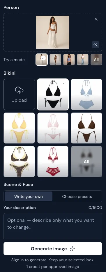 Online editor with photo and bikini choices and the Generate image button