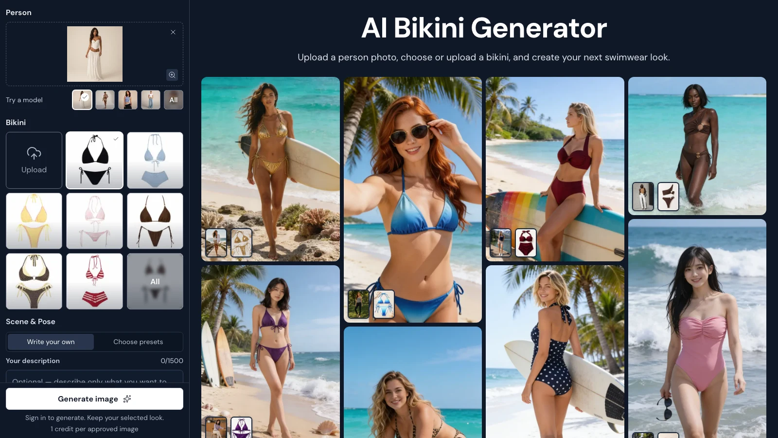 AI Bikini Generator online editor with photo and bikini choices beside example beach looks