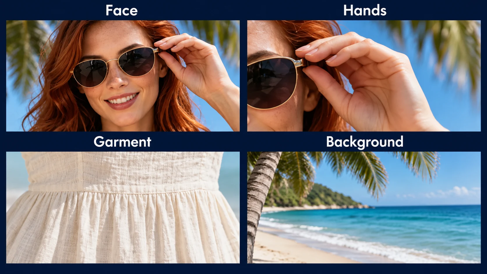 Photo-edit inspection illustration with face, hand, dress fabric and beach background details